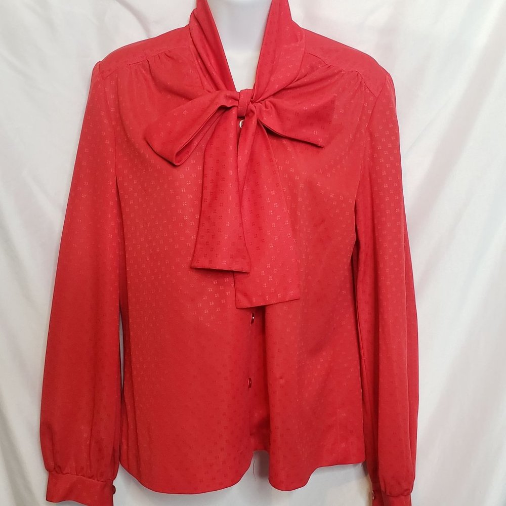 Vintage Secretary Blouse Marty Gutmacher Red Polyester Pussy Bow Small